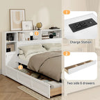 Wooden Storage Bed Bookcase Wingback Bed with Tall Bookcase Headboard, 6 Drawers and Charging Station, No Box Spring Needed