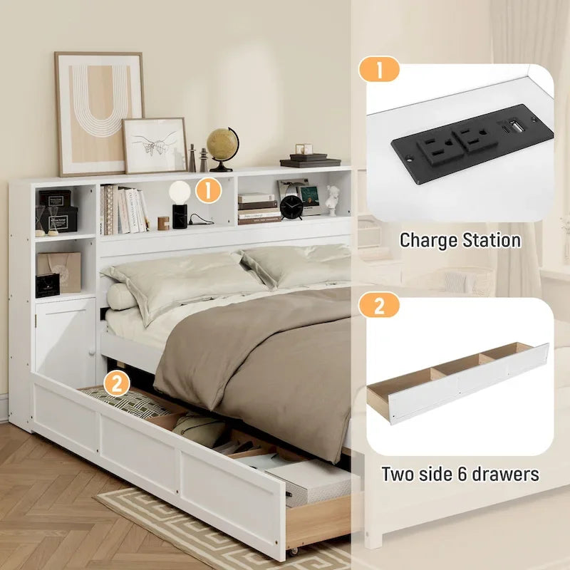 Wooden Storage Bed Bookcase Wingback Bed with Tall Bookcase Headboard, 6 Drawers and Charging Station, No Box Spring Needed
