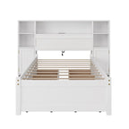 Wooden Storage Bed Bookcase Wingback Bed with Tall Bookcase Headboard, 6 Drawers and Charging Station, No Box Spring Needed