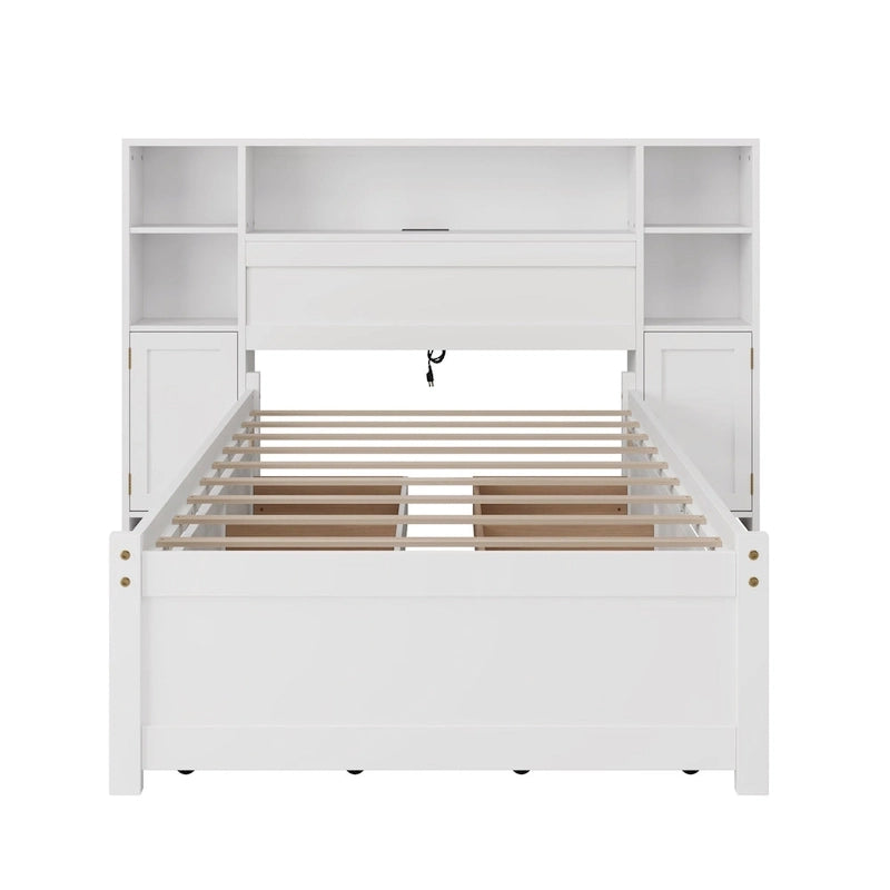 Wooden Storage Bed Bookcase Wingback Bed with Tall Bookcase Headboard, 6 Drawers and Charging Station, No Box Spring Needed