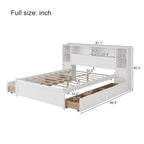 Wooden Storage Bed Bookcase Wingback Bed with Tall Bookcase Headboard, 6 Drawers and Charging Station, No Box Spring Needed