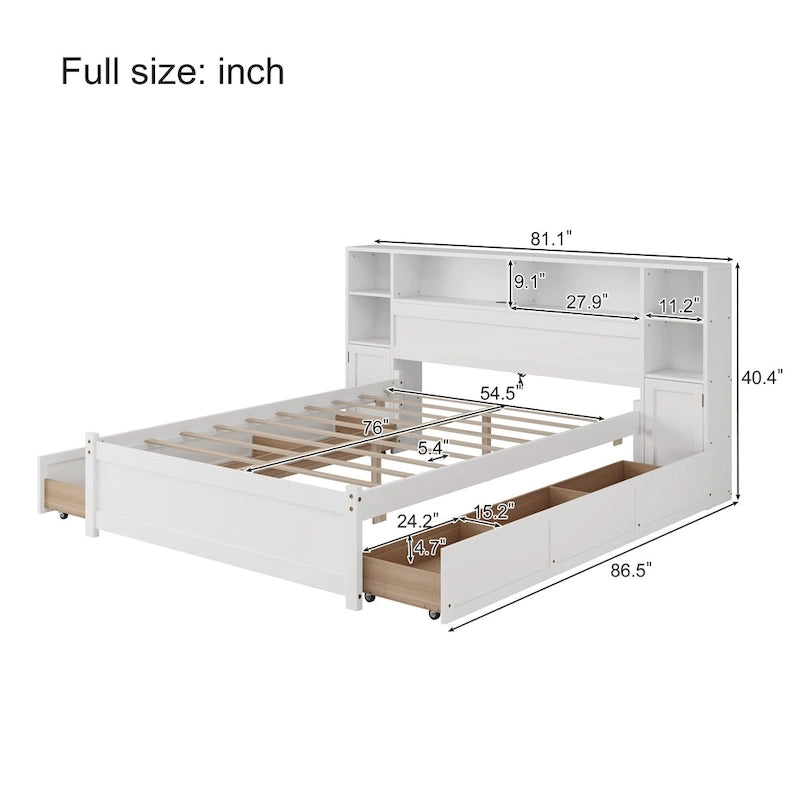 Wooden Storage Bed Bookcase Wingback Bed with Tall Bookcase Headboard, 6 Drawers and Charging Station, No Box Spring Needed