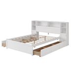 Wooden Storage Bed Bookcase Wingback Bed with Tall Bookcase Headboard, 6 Drawers and Charging Station, No Box Spring Needed