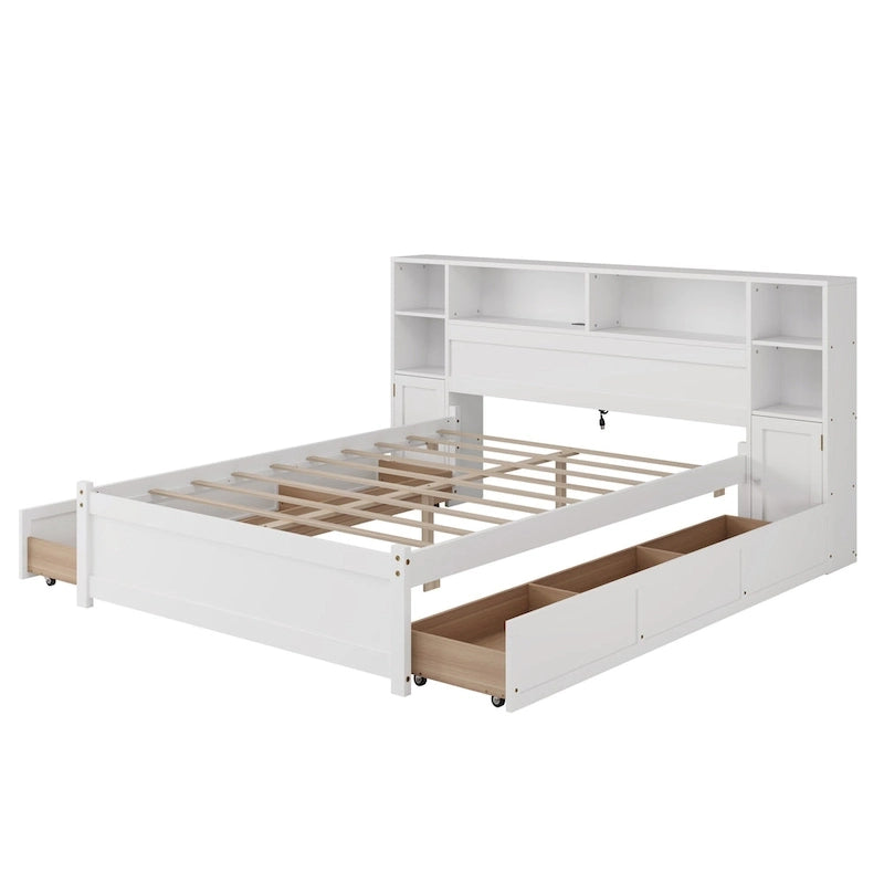 Wooden Storage Bed Bookcase Wingback Bed with Tall Bookcase Headboard, 6 Drawers and Charging Station, No Box Spring Needed