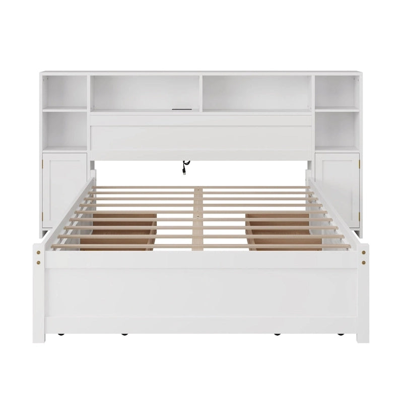 Wooden Storage Bed Bookcase Wingback Bed with Tall Bookcase Headboard, 6 Drawers and Charging Station, No Box Spring Needed