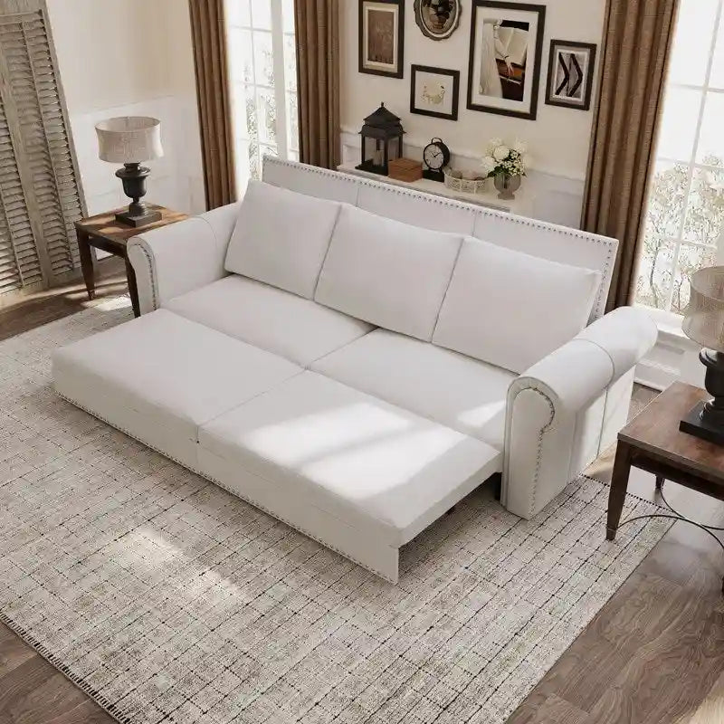 3-in-1 King Pull Out Sofa Bed Chesterfield Sofa, Velvet/Faux Leather Convertible Sleeper Sofa with Nailhead Trim & Rolled Arm