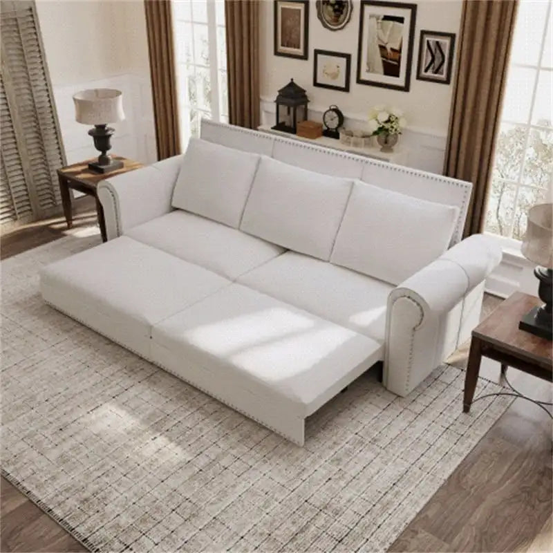 3-in-1 King Pull Out Sofa Bed Chesterfield Sofa, Velvet/Faux Leather Convertible Sleeper Sofa with Nailhead Trim & Rolled Arm