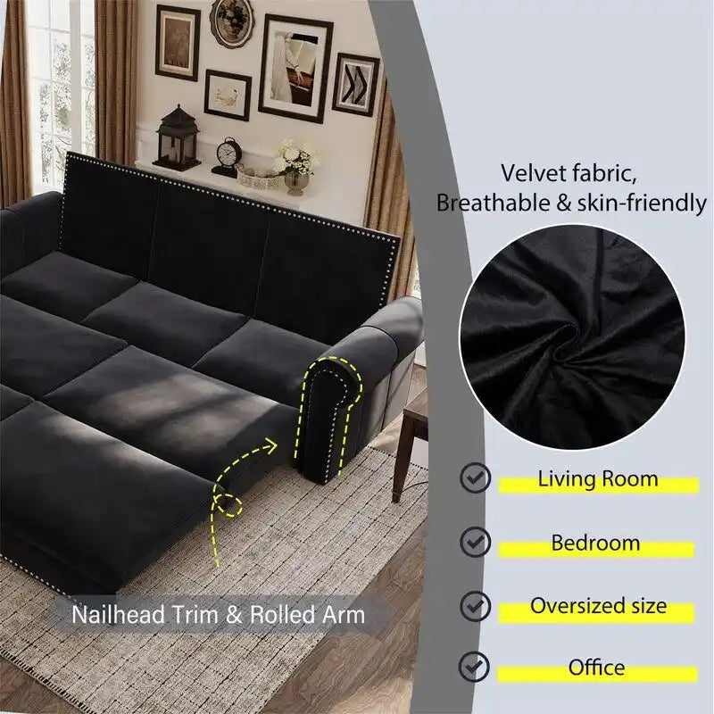 3-in-1 King Pull Out Sofa Bed Chesterfield Sofa, Velvet/Faux Leather Convertible Sleeper Sofa with Nailhead Trim & Rolled Arm