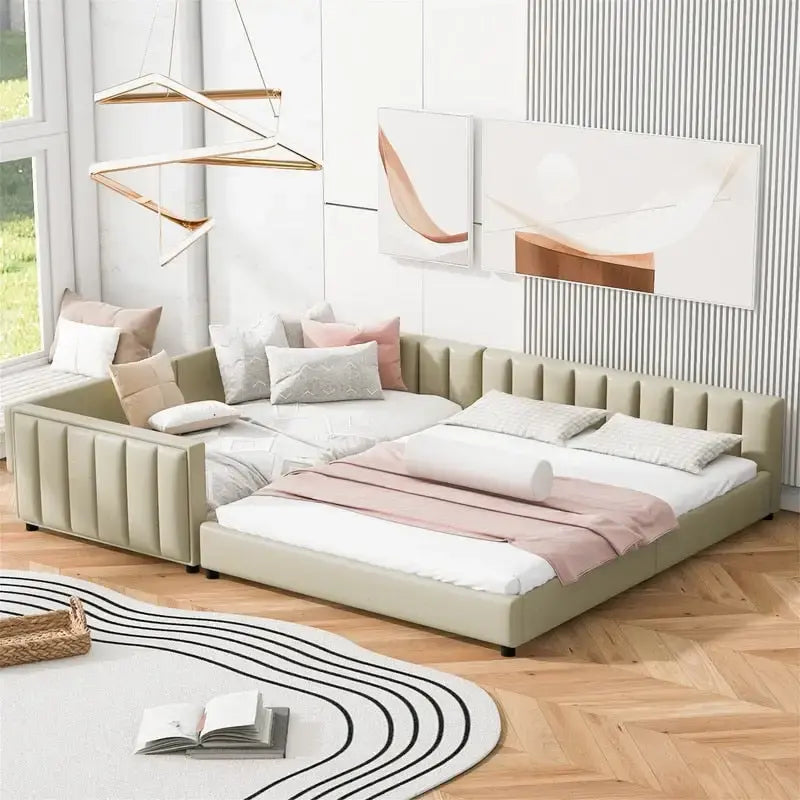 Double Upholstered Platform Bed Queen Size & Twin XL Size, PU Leather Mother & Child Bed Floor Bed Daybed for Bedroom