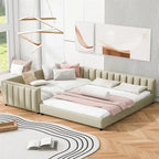Double Upholstered Platform Bed Queen Size & Twin XL Size, PU Leather Mother & Child Bed Floor Bed Daybed for Bedroom