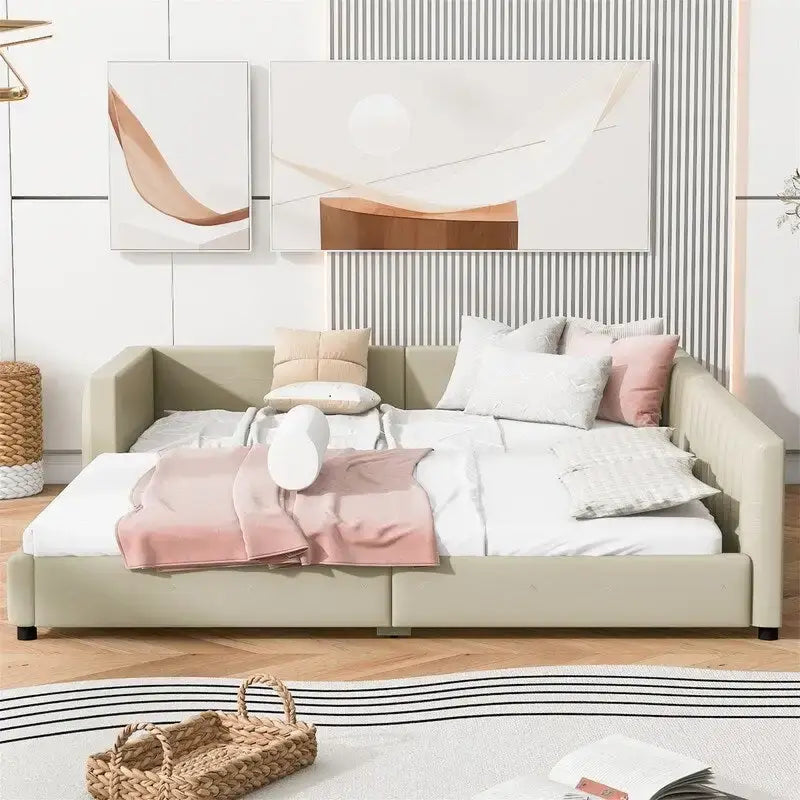 Double Upholstered Platform Bed Queen Size & Twin XL Size, PU Leather Mother & Child Bed Floor Bed Daybed for Bedroom