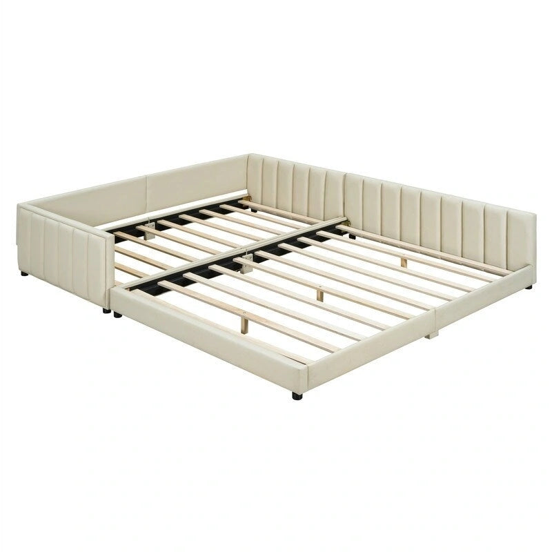 Double Upholstered Platform Bed Queen Size & Twin XL Size, PU Leather Mother & Child Bed Floor Bed Daybed for Bedroom
