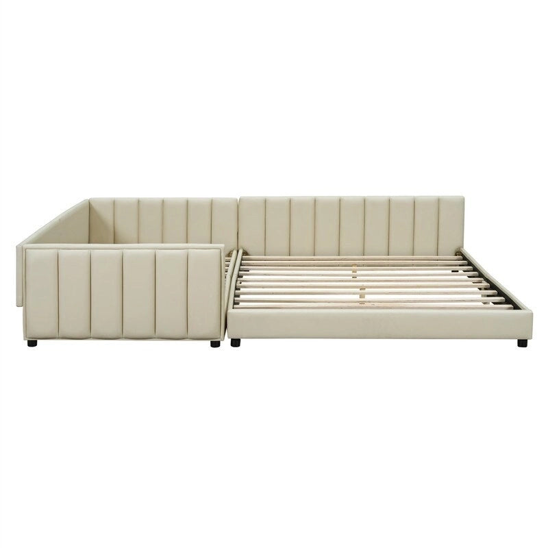 Double Upholstered Platform Bed Queen Size & Twin XL Size, PU Leather Mother & Child Bed Floor Bed Daybed for Bedroom