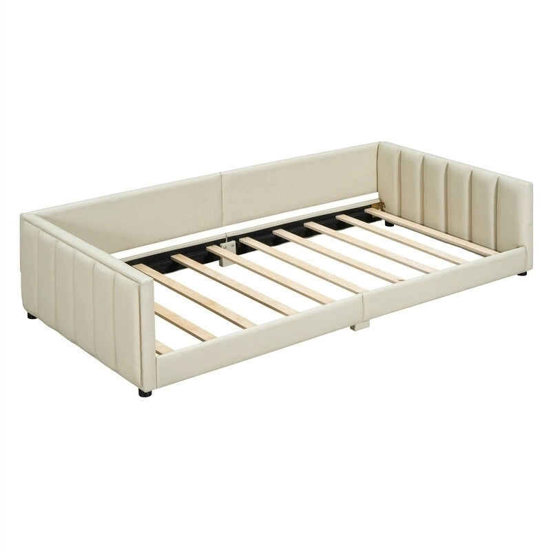 Double Upholstered Platform Bed Queen Size & Twin XL Size, PU Leather Mother & Child Bed Floor Bed Daybed for Bedroom