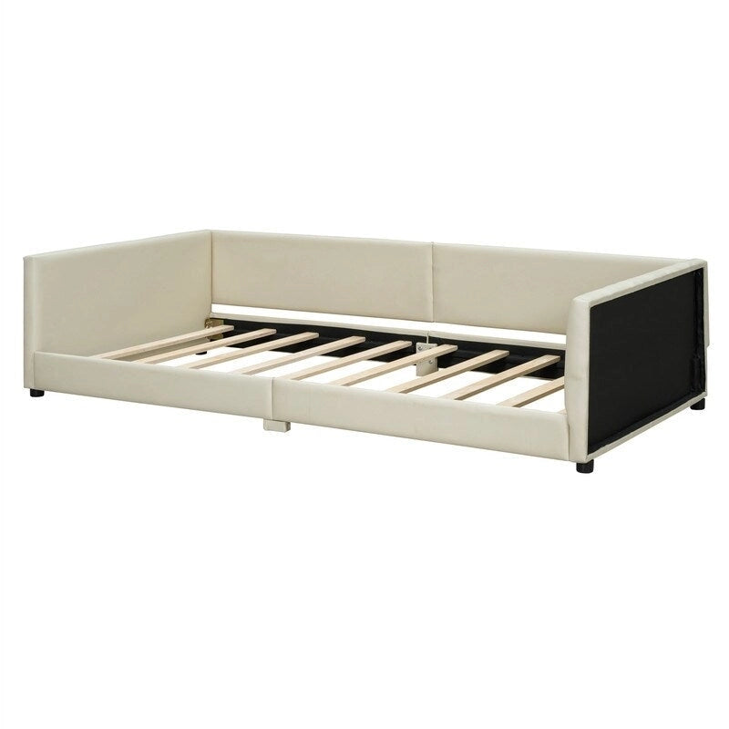 Double Upholstered Platform Bed Queen Size & Twin XL Size, PU Leather Mother & Child Bed Floor Bed Daybed for Bedroom