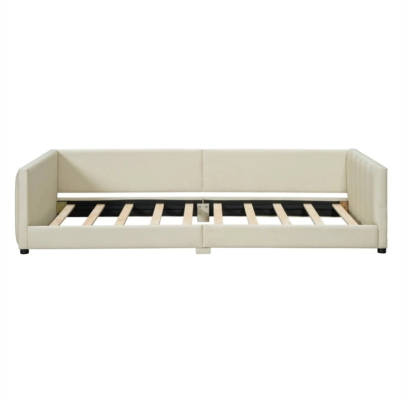 Double Upholstered Platform Bed Queen Size & Twin XL Size, PU Leather Mother & Child Bed Floor Bed Daybed for Bedroom
