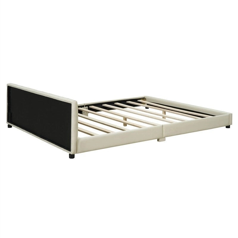 Double Upholstered Platform Bed Queen Size & Twin XL Size, PU Leather Mother & Child Bed Floor Bed Daybed for Bedroom
