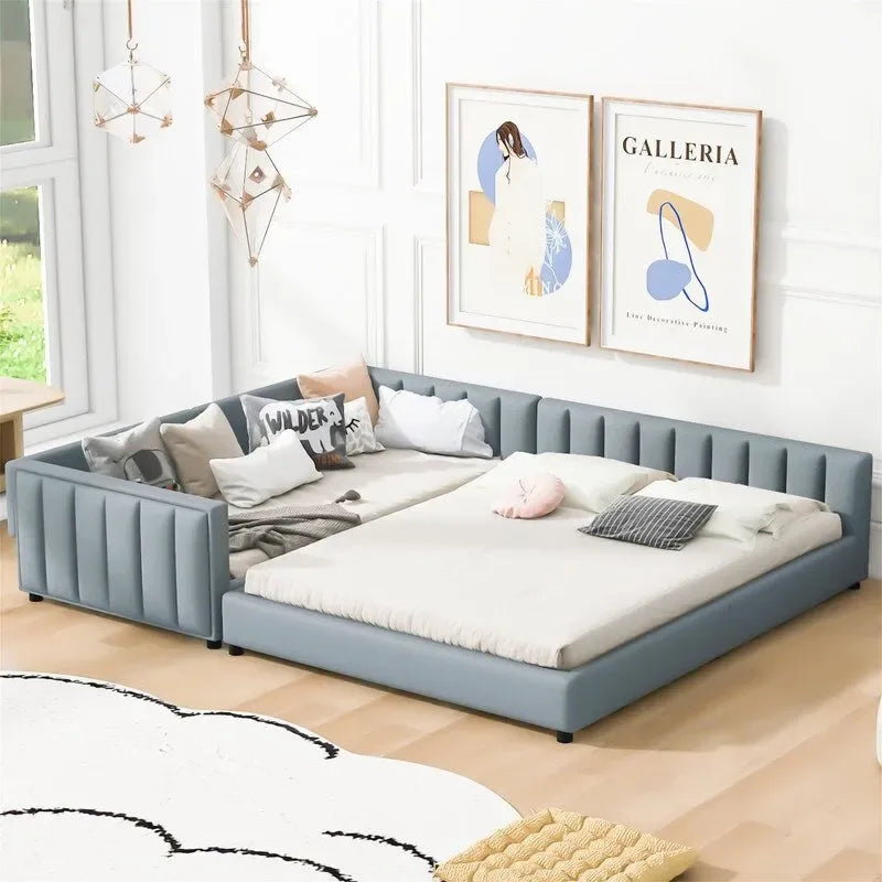 Double Upholstered Platform Bed Queen Size & Twin XL Size, PU Leather Mother & Child Bed Floor Bed Daybed for Bedroom