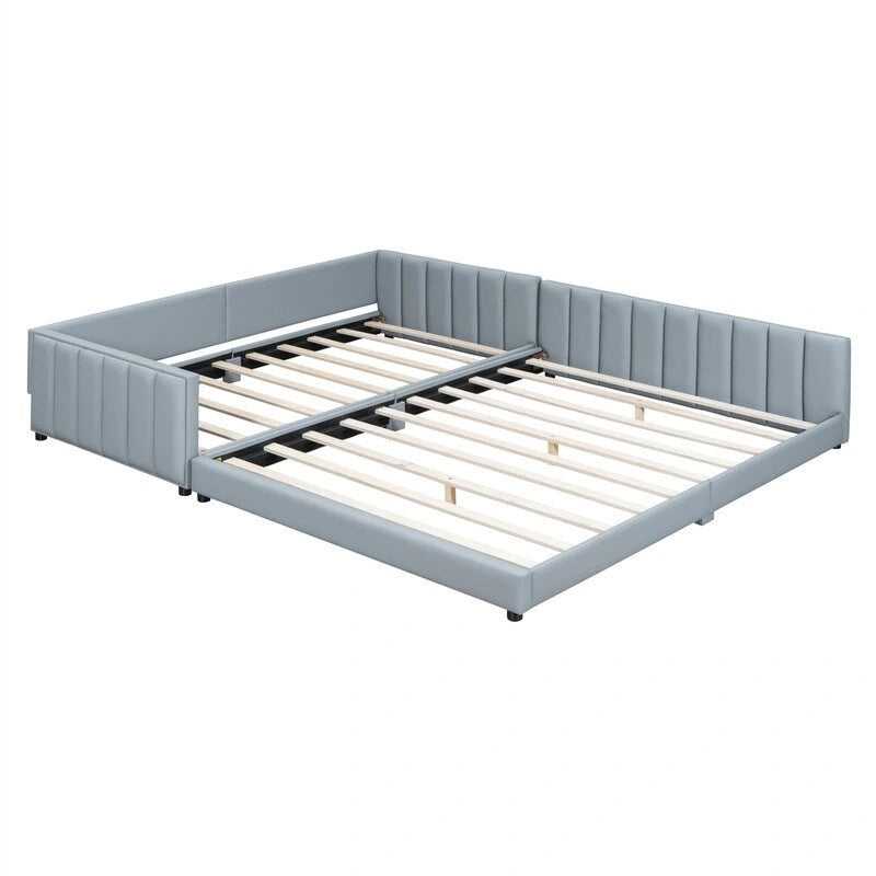 Double Upholstered Platform Bed Queen Size & Twin XL Size, PU Leather Mother & Child Bed Floor Bed Daybed for Bedroom