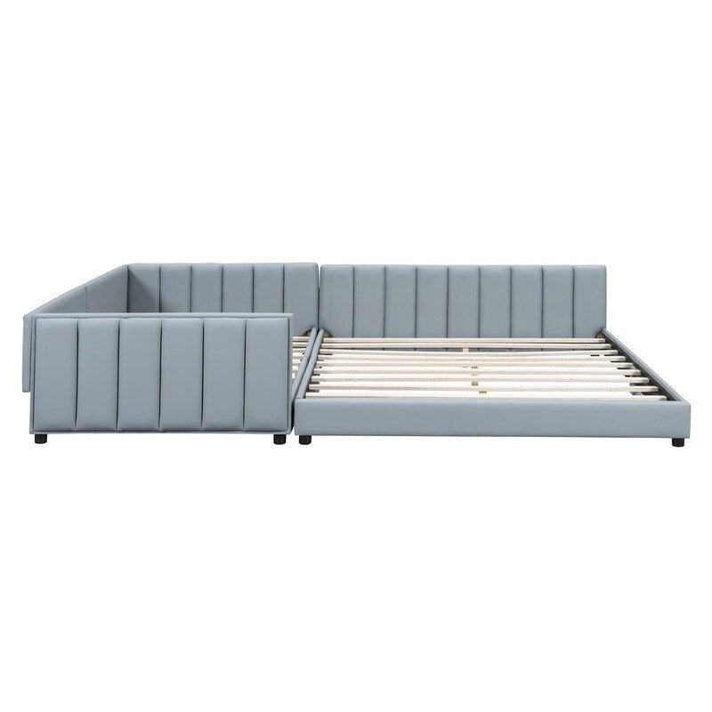 Double Upholstered Platform Bed Queen Size & Twin XL Size, PU Leather Mother & Child Bed Floor Bed Daybed for Bedroom