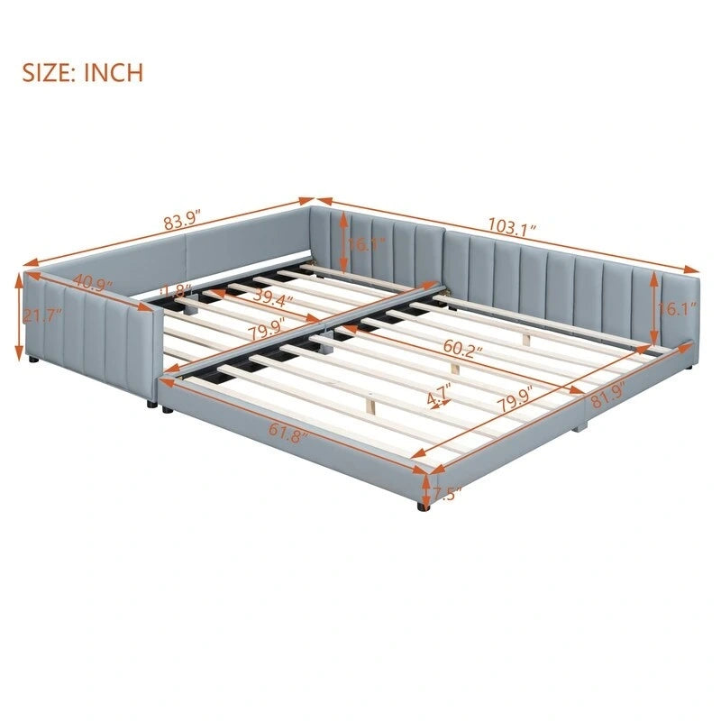 Double Upholstered Platform Bed Queen Size & Twin XL Size, PU Leather Mother & Child Bed Floor Bed Daybed for Bedroom