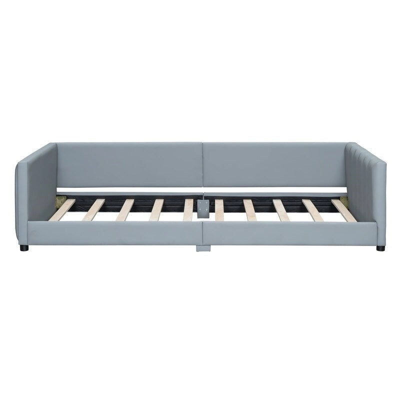 Double Upholstered Platform Bed Queen Size & Twin XL Size, PU Leather Mother & Child Bed Floor Bed Daybed for Bedroom