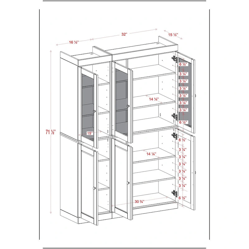 Palace Imports 100% Solid Wood 48.5 Pantry China Cabinet with Frosted Glass, Solid Wood Doors and 2-Drawers