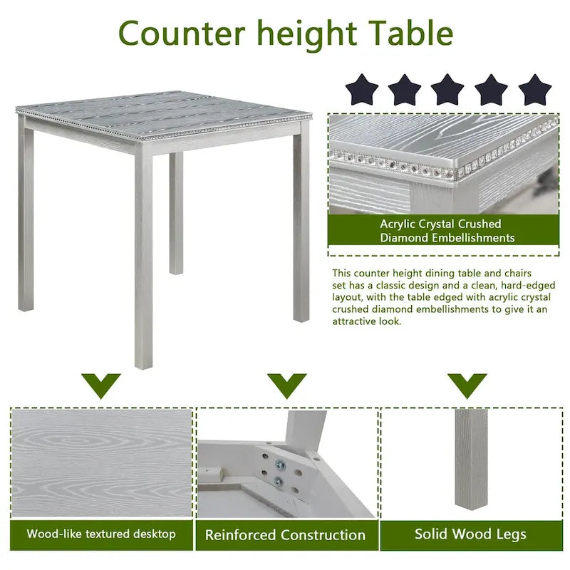 5 Pcs Counter Height Dining Table Set, Wooden Diningroom Furniture Set with Square Table and 4 Upholstered Chairs