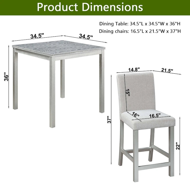 5 Pcs Counter Height Dining Table Set, Wooden Diningroom Furniture Set with Square Table and 4 Upholstered Chairs