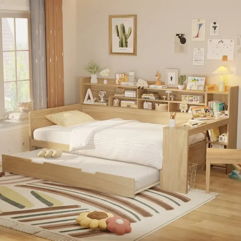 Twin/Full Size Multifunctional Daybed with Storage Shelves and Desk, Wooden Platform Bed Frame with Twin Size Trundle