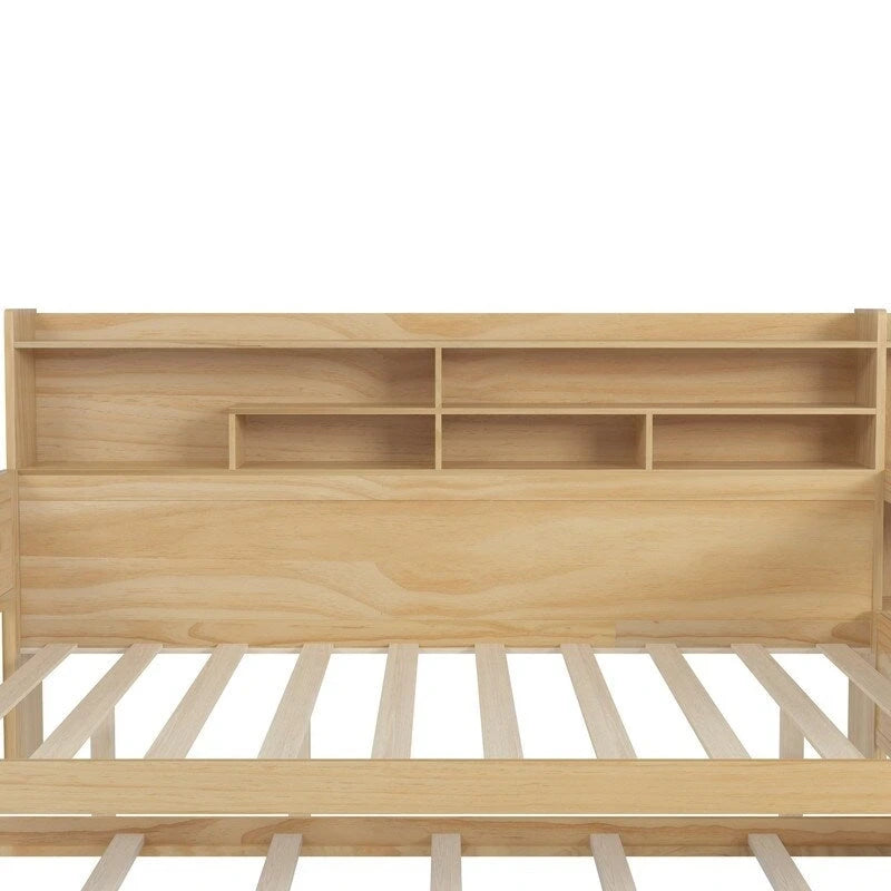 Twin/Full Size Multifunctional Daybed with Storage Shelves and Desk, Wooden Platform Bed Frame with Twin Size Trundle