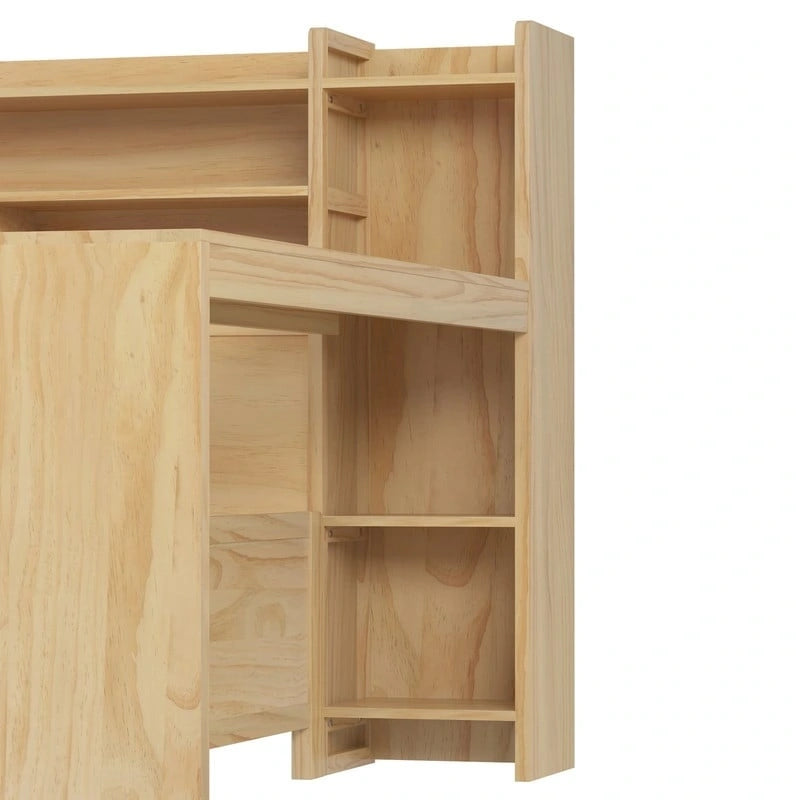 Twin/Full Size Multifunctional Daybed with Storage Shelves and Desk, Wooden Platform Bed Frame with Twin Size Trundle