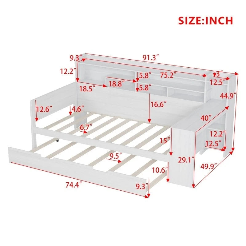 Twin/Full Size Multifunctional Daybed with Storage Shelves and Desk, Wooden Platform Bed Frame with Twin Size Trundle