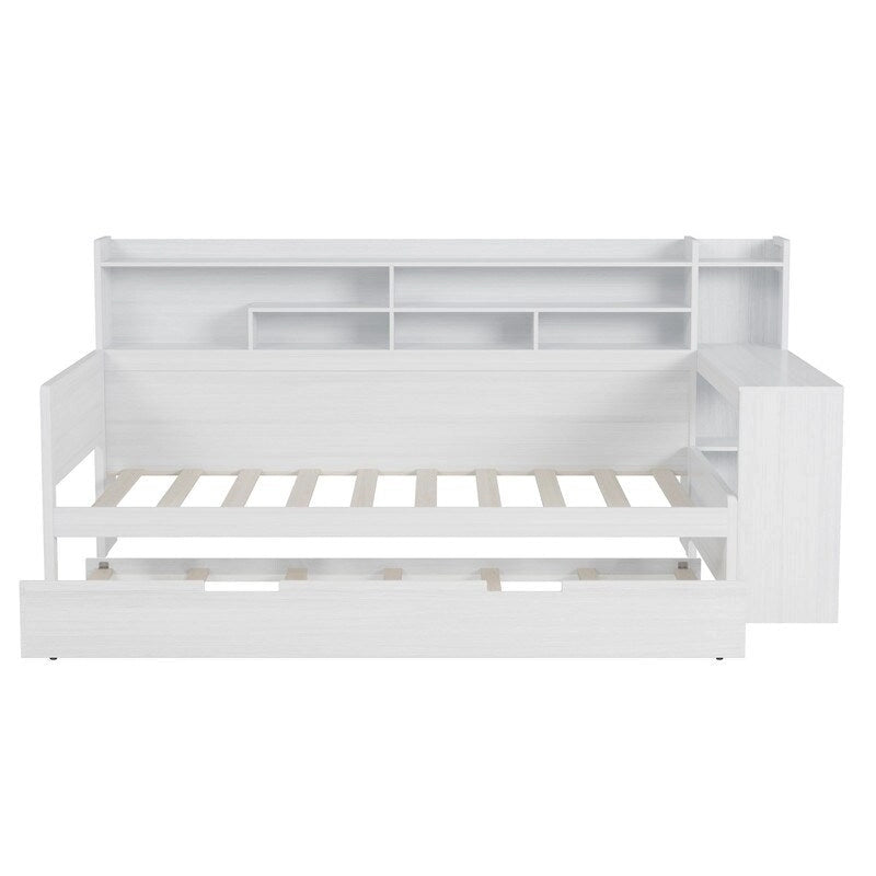 Twin/Full Size Multifunctional Daybed with Storage Shelves and Desk, Wooden Platform Bed Frame with Twin Size Trundle