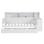 Twin/Full Size Multifunctional Daybed with Storage Shelves and Desk, Wooden Platform Bed Frame with Twin Size Trundle