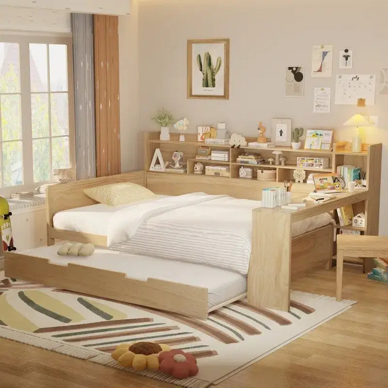 Twin/Full Size Multifunctional Daybed with Storage Shelves and Desk, Wooden Platform Bed Frame with Twin Size Trundle