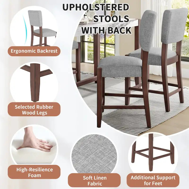 Mid Century Modern Bar Stools Set of 4,Counter Stools with Back,Linen Upholstered Barstools with Solid Wood Legs Bar Chairs