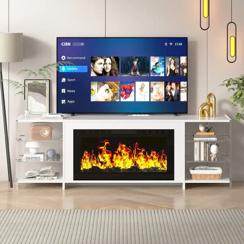 VECELO 70 Rustic TV Stand without/with Fireplace Heater(2 Options),Media Entertainment Center Table with Storage Shelves