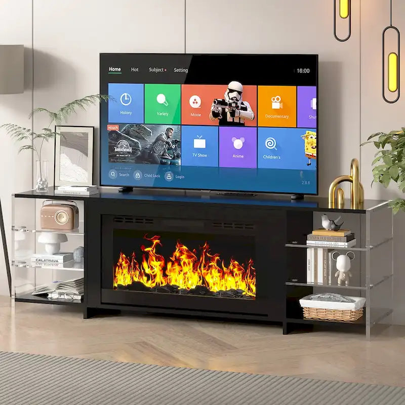 VECELO 70 Rustic TV Stand without/with Fireplace Heater(2 Options),Media Entertainment Center Table with Storage Shelves