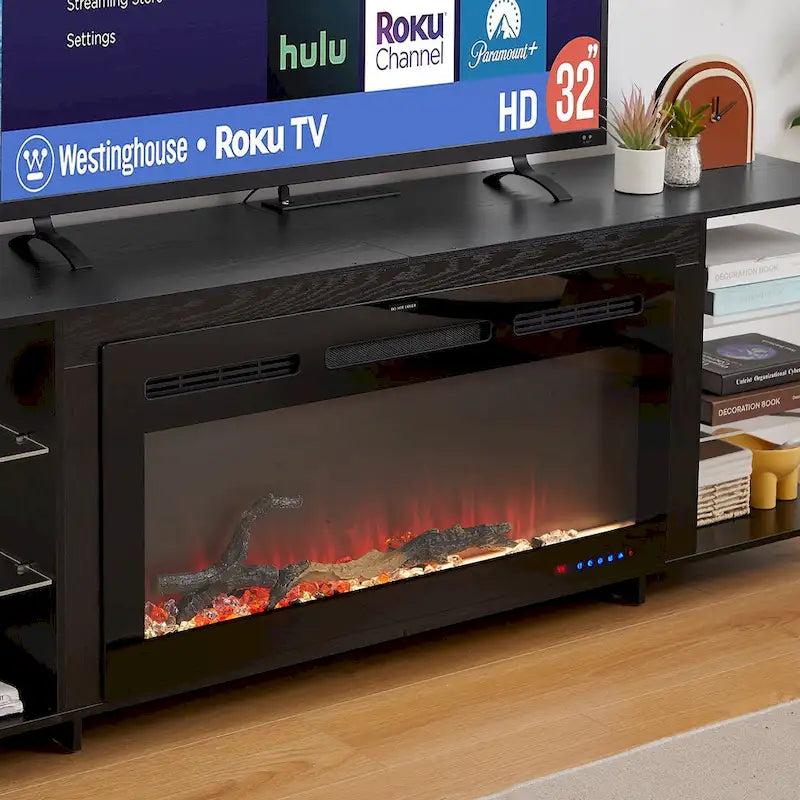 VECELO 70 Rustic TV Stand without/with Fireplace Heater(2 Options),Media Entertainment Center Table with Storage Shelves