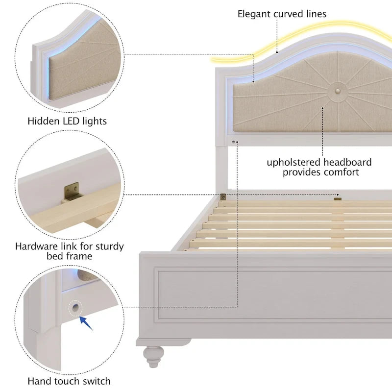 Modern Queen Size Wood Bed with Hidden LED Light Upholstered Curved Headboard, No Box Spring Needed, Cream Grey