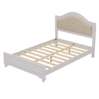Modern Queen Size Wood Bed with Hidden LED Light Upholstered Curved Headboard, No Box Spring Needed, Cream Grey