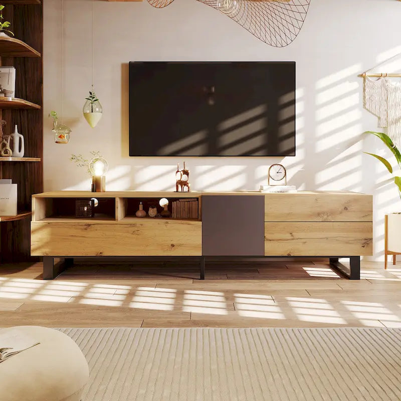 70.9 TV Stand with Double Storage Space and Drop Down Door for TVs Up to 80