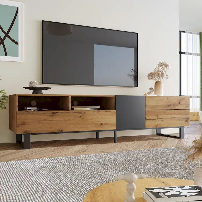 70.9 TV Stand with Double Storage Space and Drop Down Door for TVs Up to 80