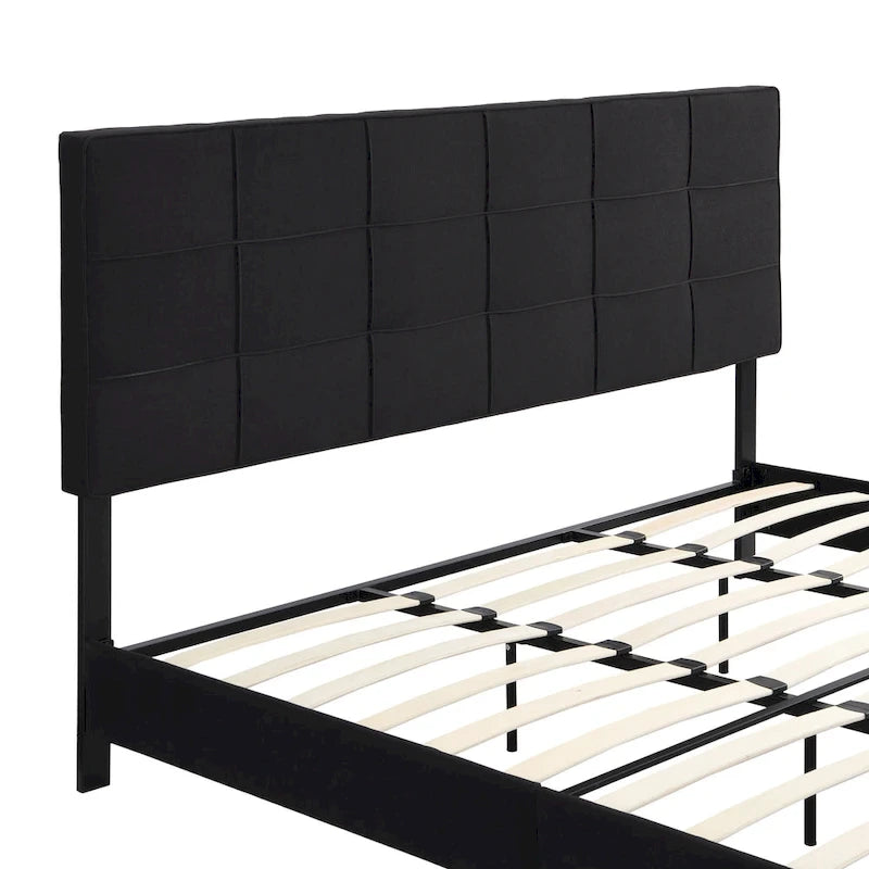 Black Linen King Size Upholstered Platform Bed Frame with Button Tufted Headboard, Wood Slat Support, No Box Spring Needed