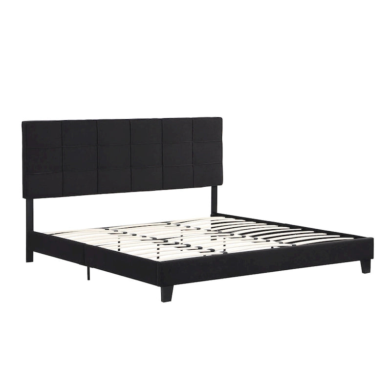 Black Linen King Size Upholstered Platform Bed Frame with Button Tufted Headboard, Wood Slat Support, No Box Spring Needed