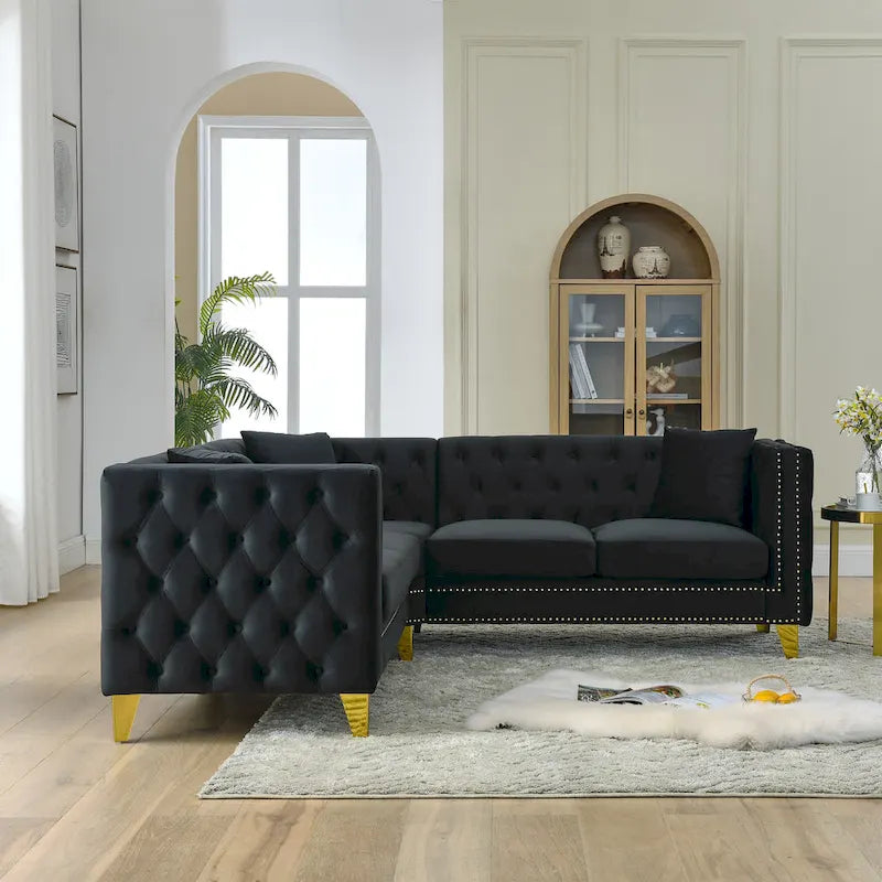 Black 82.2 Velvet Chesterfield L-Shaped Sofa for 5 with Nailhead Trim and Tufted Cushions