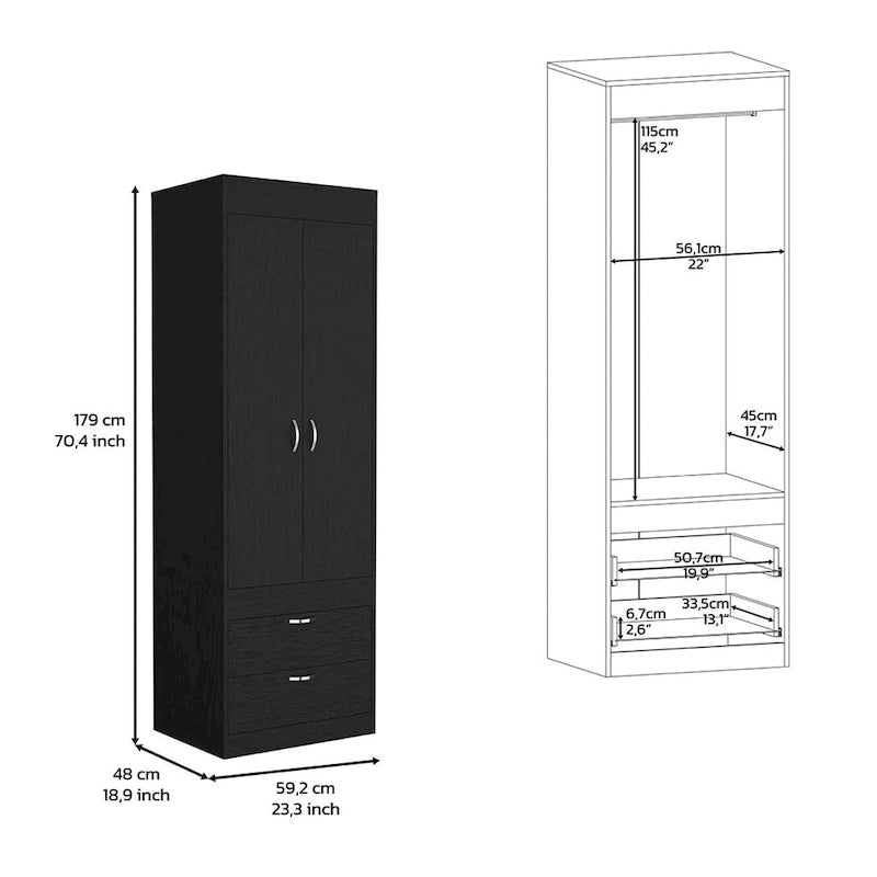 18.9 Modern Double-door Armoire with Two Bottom Drawers and Hanging Rod for Bedroom