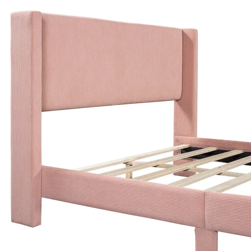 Queen Corduroy Platform Bed with Tufted Headboard