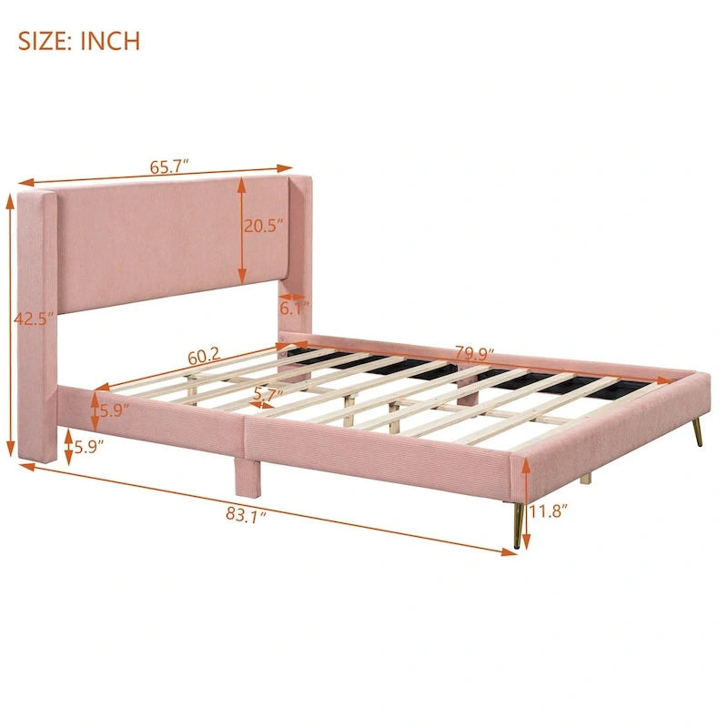 Queen Corduroy Platform Bed with Tufted Headboard